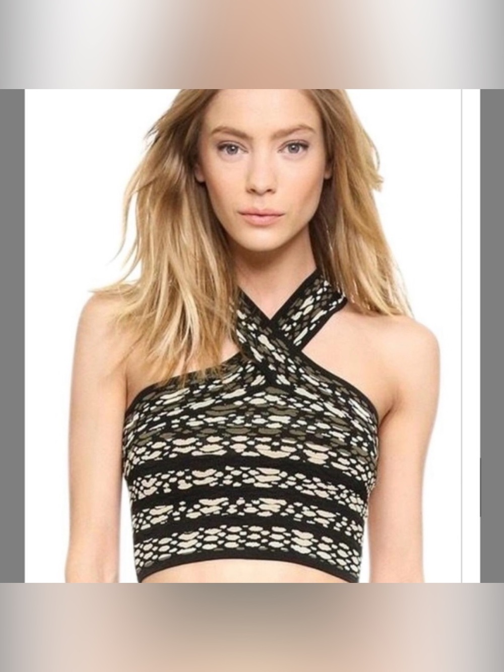 Ronny Kobo Kenya Crisscross Overlay Crop Top in Black and Cream size Medium